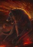  2018 ambiguous_gender black_nose canine claws detailed_background digital_media_(artwork) eruption fangs feral fluffy fluffy_tail fur grey_fur grey_tail hi_res latex_(artist) lava mammal open_mouth outside quadruped red_eyes signature sky solo teeth volcano white_claws wolf 