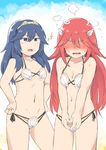  2girls beach bikini blue_eyes blue_hair blue_sky blush cloud embarrassed fire_emblem fire_emblem:_kakusei frilled_bikini hair_between_eyes hair_ornament long_hair lucina multiple_girls nintendo red_hair sekaihebi shell shell_bikini sky small_breasts smile swimsuit tiamo tiara wing_hair_ornament 