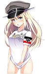  2018_fifa_world_cup absurdres adidas alternate_costume bismarck_(kantai_collection) blonde_hair blue_eyes bottomless breasts clothes_writing german germany hat highres imperial_german_flag iron_cross kantai_collection long_hair looking_at_viewer medium_breasts military_hat no_panties no_pants peaked_cap shirt_tug soccer soccer_uniform solo sportswear translated transparent_background world_cup 
