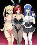  3girls blonde_hair blue_hair blush breasts bunny_ears bunnysuit cleavage dress erza_scarlet fairy_tail juvia_lockser large_breasts legwear long_hair lucy_heartfilia maid maid_headdress multiple_girls navel red_hair smile 