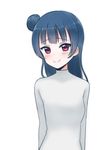  alternate_costume bangs blue_hair blunt_bangs blush deadnooodles eyebrows_visible_through_hair hair_bun head_tilt long_hair long_sleeves looking_at_viewer love_live! love_live!_sunshine!! purple_eyes shiny shiny_hair side_bun simple_background solo straight_hair sweater tsushima_yoshiko upper_body white_background white_sweater 