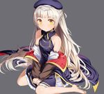  azur_lane bangs bare_shoulders barefoot beret blush breasts commentary_request eyebrows_visible_through_hair hair_ornament hat highres iron_cross long_hair looking_at_viewer silver_hair simple_background sitting small_breasts solo very_long_hair wan_(calvin840203) wariza yellow_eyes z46_(azur_lane) 