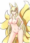  1girl animal_ears bangs blonde_hair bow breasts cowboy_shot fox_ears fox_tail green_eyes hair_between_eyes hair_bow hair_ornament hair_ribbon hand_on_hip highres large_breasts long_hair looking_at_viewer mon-musu_quest! multiple_tails nipple nude older pussy sidelocks slit_pupils solo spoilers tail tamamo_(mon-musu_quest!) 