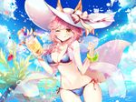  animal_ears bad_id bad_pixiv_id bikini blue_bikini blush breasts collarbone day ears_through_headwear fate/grand_order fate_(series) food fox_ears fox_tail fruit groin hat hat_ribbon highres large_breasts looking_at_viewer navel ocean one_eye_closed outdoors palm_tree palms pink_hair ribbon side-tie_bikini solo star star-shaped_pupils sun_hat swimsuit symbol-shaped_pupils tail tamamo_(fate)_(all) tamamo_no_mae_(swimsuit_lancer)_(fate) taya_5323203 tree white_hat yellow_eyes 