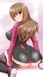  alice_gear_aegis ass ass_grab bangs black_dress black_footwear black_gloves blush boots breasts brown_hair closed_mouth covered_nipples dress eyebrows_visible_through_hair from_behind gloves grabbing_own_ass hair_between_eyes hands_on_ass large_breasts long_hair looking_at_viewer looking_back oborogumo_takamitsu oozeki_koyui orange_eyes raised_eyebrow shiny shiny_hair shoe_soles short_dress sitting smile solo tareme thigh_boots thighhighs wariza 
