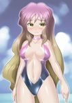  alternate_costume ass_visible_through_thighs bare_arms bare_shoulders blonde_hair blush breasts casual_one-piece_swimsuit center_opening choker closed_mouth collarbone cowboy_shot eyebrows_visible_through_hair eyelashes frown gradient_clothes gradient_hair hijiri_byakuren large_breasts long_hair multicolored_hair navel one-piece_swimsuit pink_choker purple_hair raised_eyebrows shiny sidelocks solo standing stomach swimsuit touhou very_long_hair wavy_hair winn yellow_eyes 