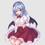  :d alternate_costume arm_at_side bangs bat_wings blue_hair blush breasts center_frills eyebrows_visible_through_hair feet_out_of_frame frilled_skirt frills grey_background high-waist_skirt highres invisible_chair junior27016 long_sleeves looking_at_viewer medium_breasts medium_hair medium_skirt neck_ribbon open_mouth pointy_ears red_eyes red_neckwear red_ribbon remilia_scarlet ribbon shiny shiny_hair shirt simple_background sitting sketch skirt smile solo touhou tsurime white_shirt wings 