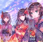  :d bangs blue_kimono blue_sky blush braid brown_hair commentary_request day eyebrows_visible_through_hair floral_print flower fur_trim fusou_(kantai_collection) gloves green_eyes grey_gloves hair_between_eyes hair_flaps hair_flower hair_ornament holding japanese_clothes kantai_collection kimono lens_flare long_hair long_sleeves looking_at_viewer multiple_girls obi open_mouth outdoors purple_kimono red_eyes red_kimono remodel_(kantai_collection) rioka_(southern_blue_sky) sash shigure_(kantai_collection) sky smile standing wide_sleeves yamashiro_(kantai_collection) 