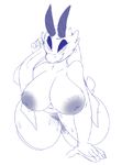  2018 anthro areola atrolux bedroom_eyes belly big_areola big_breasts breasts deep_navel eyeshadow female floppy_ears front_view fur half-closed_eyes horn huge_breasts inverted_nipples kneeling looking_at_viewer makeup nipples nude original_species pose pussy pussy_juice seductive slightly_chubby smile solo sweat thick_thighs 