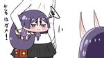  absurdly_long_hair black_legwear black_skirt blush bodysuit carrying carrying_under_arm chibi closed_mouth commentary commentary_request crying eyebrows_visible_through_hair facing_away fate/grand_order fate_(series) fujimaru_ritsuka_(female) highres horns long_hair long_sleeves minamoto_no_raikou_(fate/grand_order) multiple_girls oni oni_horns pink_bodysuit purple_eyes purple_hair rei_(rei_rr) sad shuten_douji_(fate/grand_order) simple_background skirt squiggle tears thighhighs translated very_long_hair white_background 