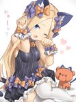  ;o abigail_williams_(fate/grand_order) animal_ears bangs bell black_bow black_dress blonde_hair blue_eyes blush bow breasts cat_day cat_ears cat_girl cat_tail dress fang fate/grand_order fate_(series) frilled_dress frills hair_bow head_tilt heart jingle_bell kemonomimi_mode long_hair looking_at_viewer one_eye_closed open_mouth orange_bow parted_bangs paw_pose polka_dot polka_dot_bow simple_background sleeveless sleeveless_dress small_breasts solo stuffed_animal stuffed_toy tail tail_bow teddy_bear thighhighs tyone very_long_hair white_background white_legwear wrist_cuffs zettai_ryouiki 