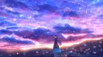  blue_hair blue_skirt cloud cloudy_sky commentary_request from_side horizon lens_flare long_sleeves looking_at_viewer looking_to_the_side mittens mountainous_horizon multicolored multicolored_sky original outdoors ponytail rain sakimori_(hououbds) skirt sky solo standing 
