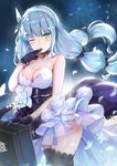  bangs bare_arms bare_shoulders black_choker black_gloves black_legwear black_scrunchie blue_hair blunt_bangs blush braid breasts bug butterfly choker cleavage collarbone cowboy_shot dress facial_mark fingers_to_mouth flower girls_frontline gloves green_eyes hair_ornament hair_scrunchie hairband hk416_(girls_frontline) insect jewelry layered_dress leotard light_particles long_hair looking_at_viewer low_twintails medium_breasts pendant petals qian_wu_atai scrunchie side_braid solo standing strapless strapless_leotard suitcase thighhighs twintails white_dress white_flower white_hairband 