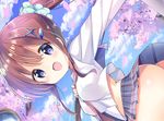  :d ass bangs blue_eyes blue_scrunchie blue_sky blush breasts brown_hair cherry_blossoms cloud commentary_request day dengeki_moeou eyebrows_visible_through_hair grey_skirt hair_between_eyes hair_ornament hair_scrunchie hairclip kurou_(quadruple_zero) long_hair long_sleeves medium_breasts midriff navel no_panties open_mouth original outdoors petals plaid plaid_skirt pleated_skirt ponytail scrunchie shirt skirt sky smile solo white_shirt x_hair_ornament 