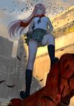  ariverkao artist_name ass_visible_through_thighs bird breasts commentary darling_in_the_franxx dated feathers full_body hairband horns loafers long_hair medium_breasts pink_hair scarf school_uniform shoes signature skirt socks solo standing upskirt white_hairband wind zero_two_(darling_in_the_franxx) 