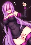  blindfold blush breasts chain choker cosplay covered_navel covered_nipples detached_sleeves dress fate/grand_order fate/stay_night fate_(series) highres impossible_clothes impossible_dress kuro_kitsune kurona_reole large_breasts lavender_hair long_hair nose_blush open_mouth original panties pantyshot pantyshot_(standing) rider rider_(cosplay) scared short_dress standing strapless strapless_dress tattoo thighhighs tube_dress underwear very_long_hair white_panties 