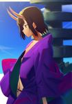  bangs blue_sky blurry blurry_background breasts brown_eyes brown_hair closed_mouth commentary_request day depth_of_field fate/grand_order fate_(series) from_side horns japanese_clothes kimono looking_down oni oni_horns open_clothes open_kimono outdoors poligon_(046) profile purple_kimono short_hair shuten_douji_(fate/grand_order) sky small_breasts solo standing upper_body 