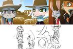  2017 anthro arms_tied belt blue_eyes bound canine caprine clothed clothing cowboy_hat crossover dawn_bellwether disney ear_markings facial_markings fanartiguess female fox fur_markings green_eyes group hand_on_hip hat holster jack_savage judy_hopps lagomorph male mammal markings mouth_hold nick_wilde noose on_shoulders once_upon_a_time_in_the_west outside purple_eyes rabbit sheep signature standing url wool zootopia 
