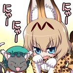  animal animal_ears blonde_hair blue_eyes blush bonnet bow bowtie cat cat_day chen chen_(cat) commentary_request cosplay earrings elbow_gloves fang girls_und_panzer gloves gradient gradient_background hanya_(hanya_yashiki) jewelry katyusha kemono_friends kemonomimi_mode multiple_tails nyan paw_pose serval_(kemono_friends) serval_(kemono_friends)_(cosplay) serval_ears serval_print serval_tail tail touhou 