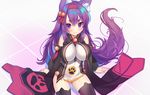  animal_ears ass_visible_through_thighs atori azur_lane bangs bare_shoulders bell black_legwear black_vest blush breasts closed_mouth detached_sleeves dress eyebrows eyebrows_visible_through_hair eyes_visible_through_hair fox_ears fox_tail frown hair_bell hair_between_eyes hair_ornament hair_ribbon hairband impossible_clothes jingle_bell large_breasts legs_apart long_hair long_sleeves looking_at_viewer microdress open_clothes open_mouth open_vest paw_print purple_eyes purple_hair red_hairband red_ribbon ribbon sitting solo sweat tail tassel thick_eyebrows thighhighs tsurime urakaze_(azur_lane) vest wavy_mouth white_dress zettai_ryouiki 
