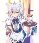  ;) ahoge alternate_costume animal_ears apron bangs bell black_legwear black_neckwear black_skirt blonde_hair blue_bow blurry blurry_background bow bowtie cat_ears cat_girl cat_tail center_frills closed_mouth commentary_request curtains depth_of_field enmaided eyebrows_visible_through_hair frills hair_between_eyes hand_on_hip hibiki_(kantai_collection) holding holding_tray jingle_bell kantai_collection kemonomimi_mode long_hair looking_at_viewer maid one_eye_closed parfait puffy_short_sleeves puffy_sleeves shinopoko shirt short_sleeves silver_hair skirt smile solo suspender_skirt suspenders tail tail_bell tail_bow thighhighs tray very_long_hair waist_apron white_apron white_shirt window 