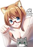  animal_ears armpit_peek bangs bare_shoulders blue_eyes blush breasts brown_hair cat cat_ears cleavage commentary glasses hair_between_eyes long_sleeves looking_at_viewer medium_breasts nekobaka open_mouth original pink_shirt shirt short_hair twitter_username white_background 