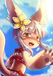  :3 :d animal_ears bare_arms bikini blue_sky blush bow commentary_request day eyebrows_visible_through_hair frilled_bikini frills from_behind furry grey_hair looking_at_viewer looking_back made_in_abyss nanachi_(made_in_abyss) open_mouth outdoors paws red_bow ria_(efikrisia) short_hair short_hair_with_long_locks sky smile solo standing swimsuit tail water 