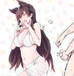  1girl animal_ears atago_(azur_lane) azur_lane bikini breasts brown_eyes brown_hair cleavage commentary_request extra_ears eyebrows_visible_through_hair flying_sweatdrops food food_themed_background from_side hetero higata_akatsuki large_breasts long_hair macaron male_masturbation masturbation navel one_eye_closed open_mouth out_of_frame penis sarong swimsuit throwing tissue used_tissue very_long_hair wavy_mouth white_bikini 