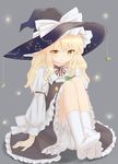  apron arm_support black_skirt blonde_hair bloomers bow braid closed_mouth commentary constellation crescent feet frilled_skirt frills full_body glowing grey_background hair_ribbon hat hat_bow highres kirisame_marisa knees_up long_hair long_sleeves marisuku neck_ribbon puffy_long_sleeves puffy_sleeves ribbon shirt side_braid single_braid sitting skirt skirt_set socks soles solo star touhou underwear waist_apron white_legwear white_shirt witch_hat yellow_eyes 