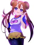  1girl ankea_(a-ramo-do) black_legwear blush breasts brown_hair double_bun female hair_bun hands_up highres long_hair medium_breasts mei_(pokemon) open_mouth pantyhose poke_ball_theme pokemon pokemon_(game) pokemon_bw2 purple_eyes shirt short_shorts shorts simple_background smile solo standing tied_hair twintails white_background white_shirt yellow_shorts 