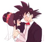  1boy 1girl :o artist_name bangs bare_shoulders black_eyes black_hair bridal_veil chi-chi_(dragon_ball) couple dragon_ball dragonball_z dress elbow_gloves eyebrows_visible_through_hair flower formal gloves happy hetero long_sleeves looking_at_another miiko_(drops7) necktie open_mouth shirt short_hair simple_background sleeveless smile son_gokuu spiked_hair suit tied_hair twitter_username veil wedding_dress white_background white_shirt 