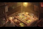  bottle cabbage ceiling_light chef chikuwa choko_(cup) chopsticks crate cup curtains daikon doufu_(gumeng) food from_above glass hanging_scroll indoors letterboxed male_focus mushroom old_man original plate restaurant scroll skewer solo steam sukiyaki tokkuri vending_machine 