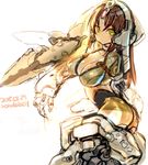  alice_gear_aegis ass bangs breasts brown_hair cleavage closed_mouth dated expressionless eyebrows_visible_through_hair green_eyes headphones kaneshiya_sitara large_breasts leotard long_hair looking_at_viewer mecha_musume parted_bangs rondo_bell sketch solo thighs 