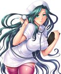  1girl aqua_hair barefoot breasts curvy female green_eyes large_breasts legwear lilith-soft long_hair looking_at_viewer makishima_ayame nurse shiny shiny_skin simple_background smile taimanin_(series) taimanin_asagi_battle_arena taimanin_kurenai white_background zol 