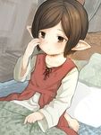  alternate_hair_length alternate_hairstyle arulumaya bangs barefoot bed bed_sheet blanket blush brown_eyes brown_hair collarbone commentary crying crying_with_eyes_open door dutch_angle granblue_fantasy harvin long_sleeves mole mole_under_eye on_bed parted_lips pointy_ears short_hair sitting solo swept_bangs tears walkalone white_pillow 