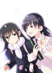  :d bags_under_eyes black_hair blazer coat commentary_request diploma fur_scarf green_eyes half_updo imae_megumi jacket kuroki_tomoko locked_arms long_hair multiple_girls necktie open_mouth petals purple_eyes satou_yuuki scarf school_uniform smile v watashi_ga_motenai_no_wa_dou_kangaetemo_omaera_ga_warui! 