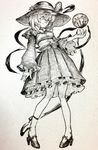  bangs blush bow closed_mouth full_body greyscale hat hat_bow high_heels highres komeiji_koishi long_sleeves looking_at_viewer mashimashi monochrome pigeon-toed short_hair skirt smile solo standing third_eye touhou traditional_media 