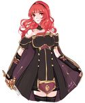  armor black_dress blood blood_on_face bloody_tears cape celica_(fire_emblem) dark_persona dress earrings facial_mark fingerless_gloves fire_emblem fire_emblem_echoes:_mou_hitori_no_eiyuuou fire_emblem_heroes gloves hair_ornament highres holding holding_sword holding_weapon jewelry long_hair nana_(mizukas) red_eyes red_hair smile solo sword thighhighs tiara weapon zettai_ryouiki 