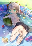  aqua_eyes ball bangs bare_legs barefoot black_skirt bra bralines commentary_request food food_in_mouth fruit hair_ribbon highres long_hair looking_at_viewer looking_back moe2018 mouth_hold object_hug omucchan_(omutyuan) original panties partially_submerged pink_bra pleated_skirt popsicle red_ribbon ribbon see-through shirt short_sleeves silver_hair skirt solo striped striped_panties twintails underwear very_long_hair wading_pool water water_gun watermelon wet wet_clothes wet_shirt white_shirt 