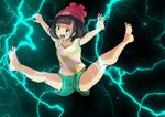  1girl absurdres arms_up barefoot beanie black_background black_hair blue_eyes blush breasts electricity electrocution feet female full_body green_shorts hat highres mizuki_(pokemon_sm) open_mouth poke_ball_theme pokemon pokemon_(game) pokemon_sm red_hat shirt shirts short_hair short_sleeves simple_background small_breasts solo spread_legs tears tenteco_(covamin) tongue tongue_out yellow_shirt 