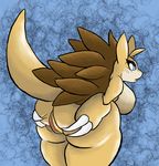  2018 anthro big_breasts big_butt blue_eyes bork breasts butt claws digital_media_(artwork) embarrassed female looking_at_viewer nintendo open_mouth pok&eacute;mon pok&eacute;mon_(species) presenting presenting_hindquarters pussy sandslash sharp_claws simple_background solo spreading thick_thighs video_games voluptuous wide_hips 