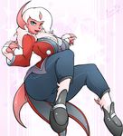  2018 absol anthro big_breasts blue_eyes breasts claws clothed clothing digital_media_(artwork) female fully_clothed hi_res leonkatlovre looking_at_viewer nintendo open_mouth pok&eacute;mon pok&eacute;mon_(species) shiny_pok&eacute;mon solo video_games 