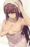  arm_up armpits breasts cleavage collarbone eyebrows_visible_through_hair fate/grand_order fate_(series) highres kumamoto_nomii-kun large_breasts long_hair looking_to_the_side naked_towel parted_lips purple_hair red_eyes scathach_(fate)_(all) scathach_(fate/grand_order) simple_background solo towel towel_on_head wet 