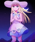  ankea_(a-ramo-do) bare_shoulders blonde_hair braid commentary_request crescent_moon dress green_eyes hands_together hands_up hat highres kneehighs lillie_(pokemon) long_hair moon mountain night night_sky outdoors pokemon pokemon_(game) pokemon_sm sky sleeveless sleeveless_dress smile solo standing star_(sky) starry_sky sun_hat tied_hair twin_braids white_dress white_hat 