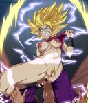  1boy 1girl aqua_eyes aura baggy_pants bangs bare_shoulders big_hair blonde_hair breasts caulifla cleavage crop_top curvy dragon_ball dragon_ball_super electricity erect_nipples female hetero large_breasts long_hair looking_at_viewer midriff navel nude pants parted_bangs penis purple_pants pussy pussy_juice radlionheart shiny shiny_skin smile solo spiked_hair stomach strapless super_saiyan thighs toned tubetop uncensored vambraces wristband 