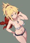  alternate_breast_size armpits bikini_shorts bikini_top black_scrunchie blonde_hair braid breasts cleavage closed_mouth cowboy_shot cutoffs denim denim_shorts dutch_angle fate/apocrypha fate_(series) french_braid green_eyes grey_background hair_ornament hand_on_hip highres jacket jacket_over_shoulder jewelry medium_breasts midriff mordred_(fate) mordred_(fate)_(all) navel necklace ponytail revealing_clothes scrunchie short_shorts shorts simple_background solo standing try work_in_progress 
