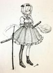  asymmetrical_legwear bangs blush bow bowtie closed_mouth flower full_body greyscale hair_over_one_eye highres konpaku_youmu konpaku_youmu_(ghost) looking_at_viewer mashimashi monochrome short_sleeves single_sock skirt socks solo standing sword touhou traditional_media weapon 