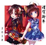  2girls :3 absurdres ahoge animal_ears bangs black_kimono black_skirt blue_dress blue_eyes blue_skirt blunt_bangs blush brown_hair checkered china_dress chinese_clothes closed_mouth commentary_request dog_ears dog_girl dog_tail dress eyebrows_visible_through_hair floral_print gradient_hair hair_between_eyes hair_ornament head_tilt highres hinatsuru_ai japanese_clothes kemonomimi_mode kimono lolita_fashion long_hair looking_at_viewer looking_to_the_side multicolored_hair multiple_girls obi parted_lips pleated_skirt print_dress print_kimono qi_lolita red_eyes red_hair ryuuou_no_oshigoto! sash signature skirt tail thighhighs translation_request tung_tung unmoving_pattern wa_lolita white_legwear yashajin_ai 