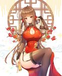  antenna_hair bangs bare_shoulders black_panties blunt_bangs blush breasts bridal_gauntlets brown_hair brown_legwear camellia china_dress chinese_clothes cleavage cleavage_cutout dress dsr-50_(girls_frontline) eyebrows_visible_through_hair flower garter_belt girls_frontline hair_flower hair_ornament lace lace-trimmed_thighhighs large_breasts long_hair looking_at_viewer panties red_dress red_eyes round_window side-tie_panties side_slit sitting sleeveless smile solo thighhighs tp_(kido_94) underwear very_long_hair 