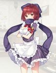  alternate_costume apron bangs bekotarou blush bottle bow bowtie breasts brown_eyes chocolate chocolate_heart cleavage commentary cowboy_shot crossed_arms enmaided eyebrows_visible_through_hair gift gloves hair_bow heart holding holding_gift indoors looking_at_viewer maid medium_breasts pinstripe_pattern puffy_short_sleeves puffy_sleeves purple_bow purple_scarf red_hair red_neckwear scarf sekibanki short_hair short_sleeves solo striped touhou waist_apron waitress white_apron white_gloves wine_bottle 